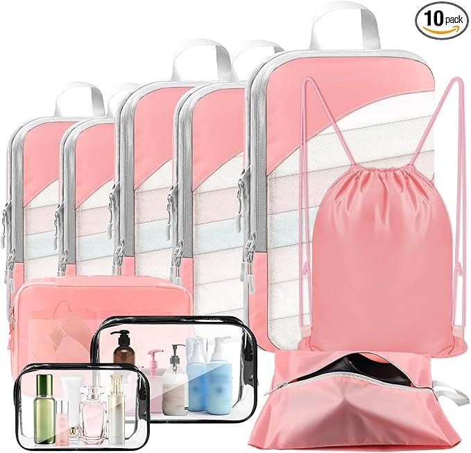 10 Set Compression Packing Cubes, Lightweight Travel Essentials, Stretchable Expandable Storage Bags, Compression Bags for Travel Accessories Luggage Storage Set (Pink, 10 set)
