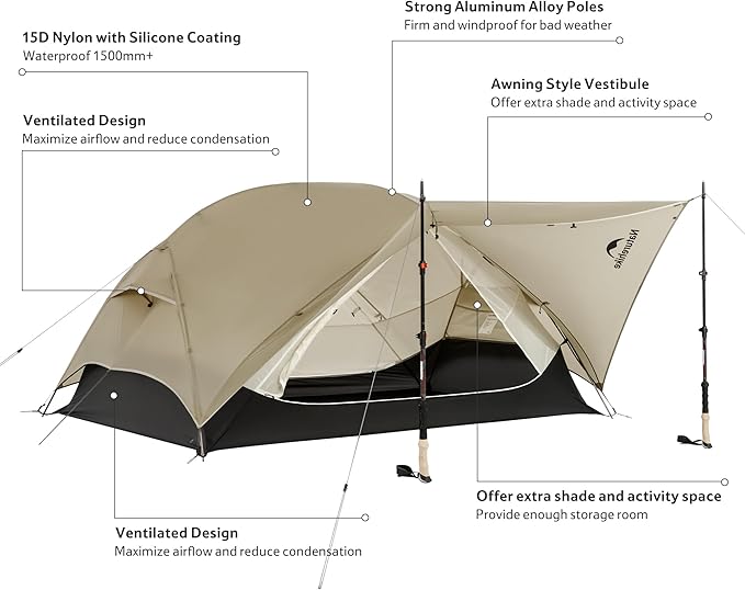 Naturehike Mongar UL 1-2 Person Backpacking Tent,15D Nylon Waterproof Ultralight One Person Two Person Tent with Footprint