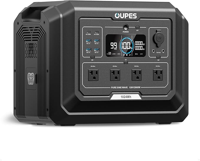 OUPES Mega 1 Portable Power Station, 1024Wh LiFePO4 Battery w/ 4 2000W AC Outlets, Expandable to 5kWh, UPS, Solar Generator for Home Backup Power, Camping & Road Trips (Solar Panel Optional)