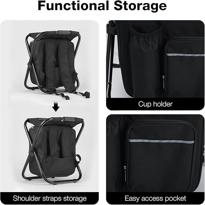 Lightweight Backpack Stool Cooler Chair Heavy Duty 350lbs for Adults, Folding Camp Stool with 15L Insulated Cooler for Fishing, Black