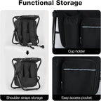 Lightweight Backpack Stool Cooler Chair Heavy Duty 350lbs for Adults, Folding Camp Stool with 15L Insulated Cooler for Fishing, Black