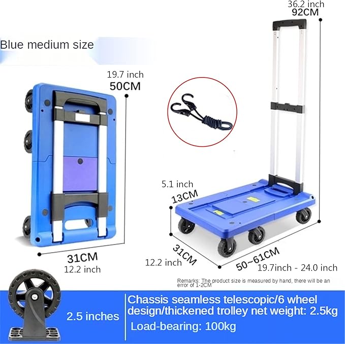 Push Cart Folding Platform Truck Plastic Push Cart Heavy Duty Portable Trolley with Retractable Assis for Luggage Travel Moving Office Platform Hand Truck (Small Blue)