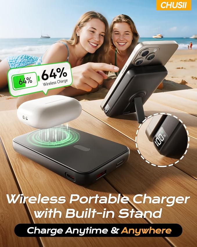 for Magsafe Portable Charger, 12000mAh Wireless Magnetic Power Bank with Stand and PD 20W Fast Charging, for Magsafe Battery Pack Compatible with iPhone 17/16/15/14/13 Series,Travel Camping Essential