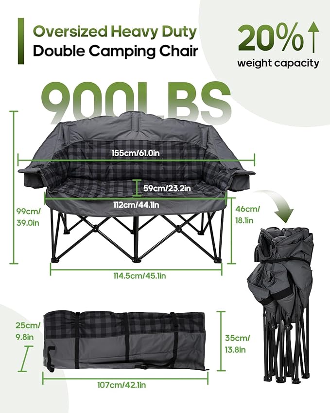 Double Camping Chair, Oversized Loveseat with 2 in 1 Carry Bag, Extra Padded Camp Chairs 2 Person Camping Couch Heavy Duty Sofa Folding Lawn Chair with Cup Holders for Couples Adults Patio Backyard