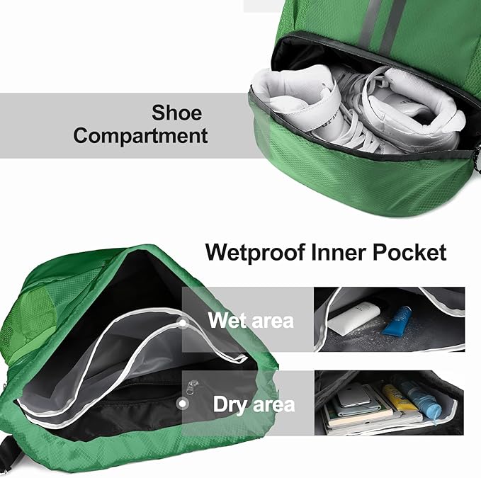 Hoedia Sports Drawstring Backpack - String Swim Gym Bag with Shoes Compartment and Wet Proof Pocket for Women/Men (Dark Green)