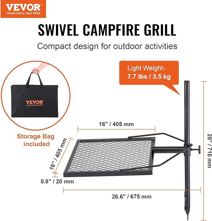 VEVOR Swivel Campfire Grill, Fire Pit Grill Grate over Fire Pits, Heavy Duty Steel Grill Grates, 360° Adjustable Open Fire Outdoor Cooking Equipment, Portable Camp Fire Racks for Camping Outdoor BBQ