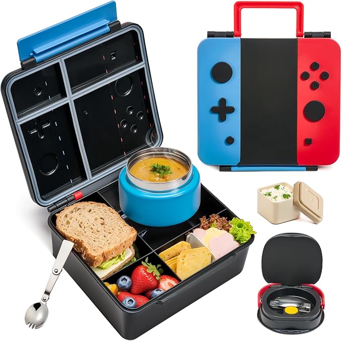Game Bento Box for Kids, Lunch Box with Thermo(9oz Food Jar), Folding Spoon, Removable Divider & Sauce Cup, Lunch Box Kids for School,Travel, BPA-Free & Realistic Shape(Blue-Red)