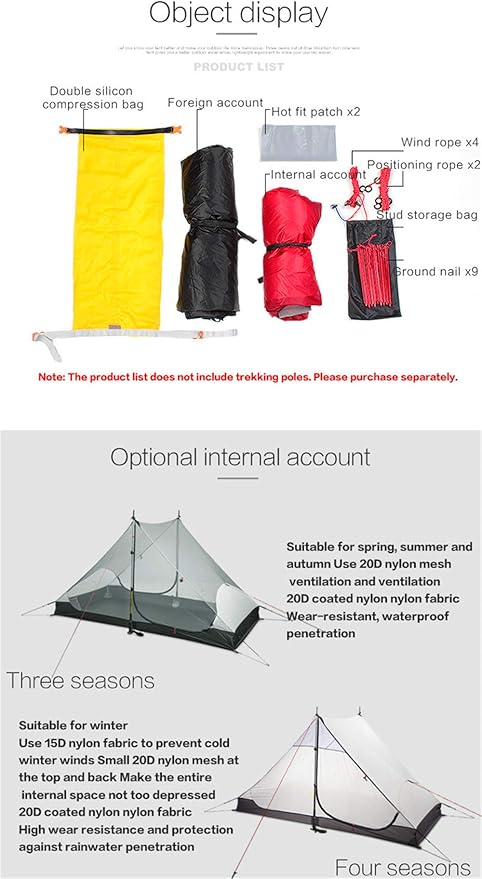 Lanshan 2 Person Tent Hiking Ultralight Camping Tent Professional 15D Silnylon Rodless Trekking Pole Tent Waterproof Backpacking Outdoor for Camping, Bivvy