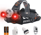 BORUIT RJ-3000 Rechargeabe LED Headlamp Super Bright with Red Light, 3 Modes Super Bright USB Head Lamp IPX4 Waterproof Headlight for Adults USB Outdoor Fishing Camping