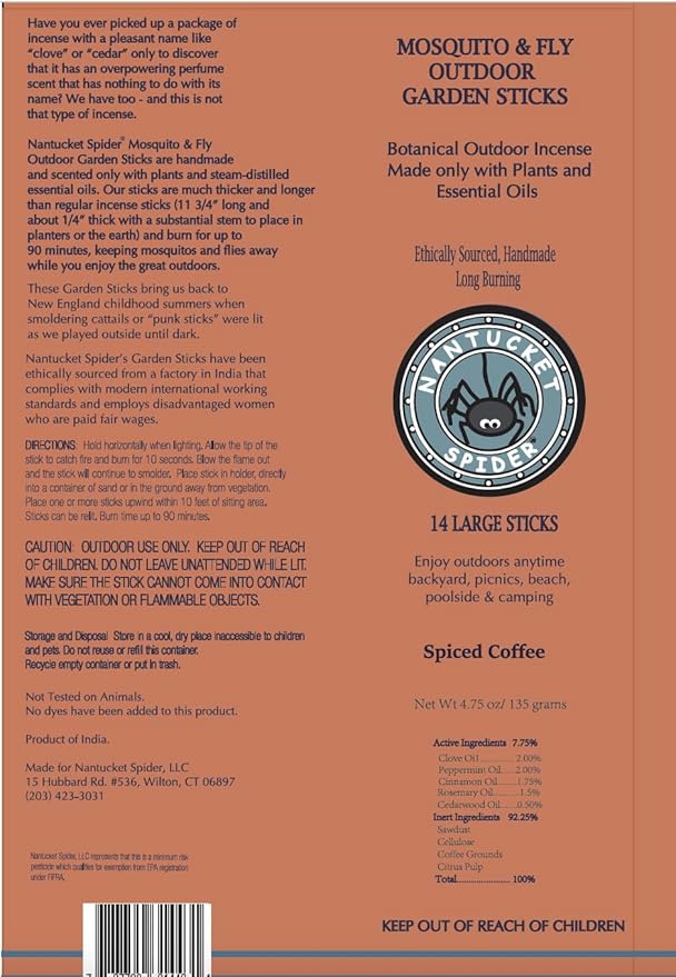 Nantucket Spider Mosquito Sticks and Holder | Mosquito Repellent Sticks 14 Pack and Holder | Repels Mosquitoes & Flies | Long Lasting | Spiced Coffee Scent