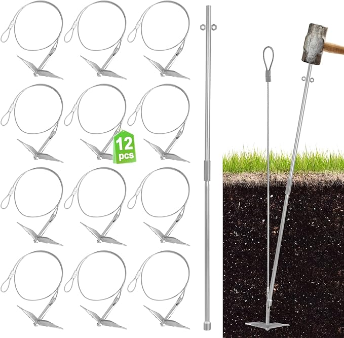 Ground Earth Anchors for Shedswith Drive Rod Tool, 35" x 1/8" Galvanized Cable for Securing Camping Tents, Swing Set, Green House, (12 Pack) Single Layer Earth Anchors for Trapping