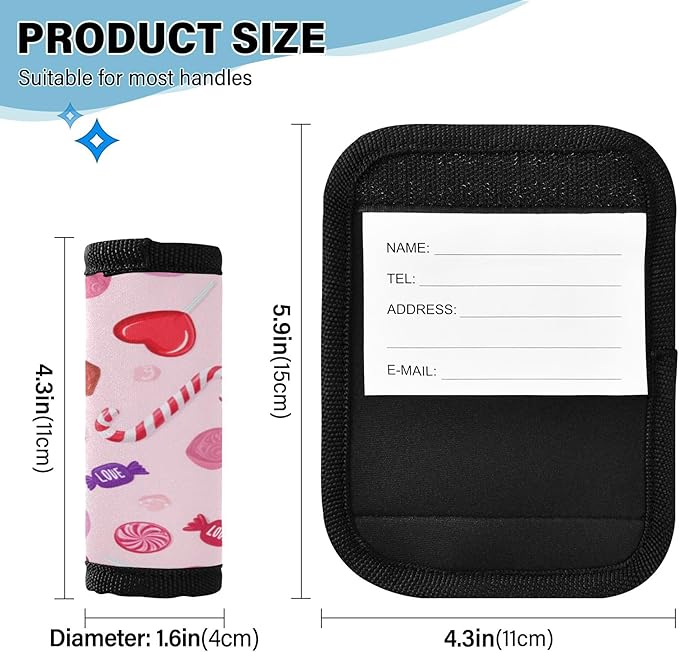 2 Pack Valentines Candy Luggage Handle Wrap, Detachable Luggage Tag, Neoprene Suitcase Wrap with Comfort Grip & Bright Identifier for Suitcase, Travel Bag, Sports Bag