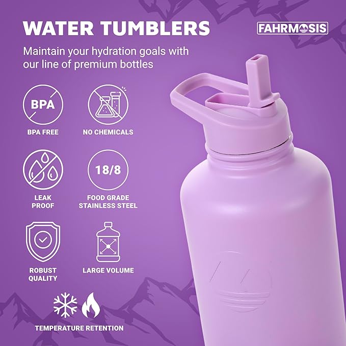 64 Oz Water Bottle with Straw Stainless Steel Sports Water Bottle with 3 Lids (Straw, Chug and Flip Lid) Leak Proof Metal Half Gallon Jug for Men & Women - Lavender