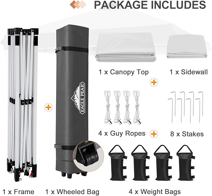 EAGLE PEAK Pop Up Canopy Tent with 1 Sidewall, Easy Setup Event Tent, Outdoor Sun Shade, Wheeled Carry Bag, Stakes and Guy Ropes, Instant Canopy 12x12, White