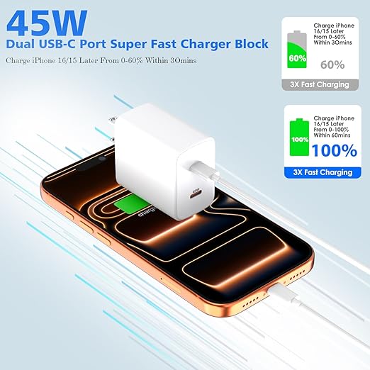 Fast Charger iPhone 17/16/15,45W Dual USB C Wall Charger 2 Pack 6FT Type C-C Fast Charging Cable Cord 45W Plug Quick Apple Chargers for iPhone 17 Pro Max/17 Air/16 Pro/15/15 Pro/Plus,iPad Pro/Air/Mini