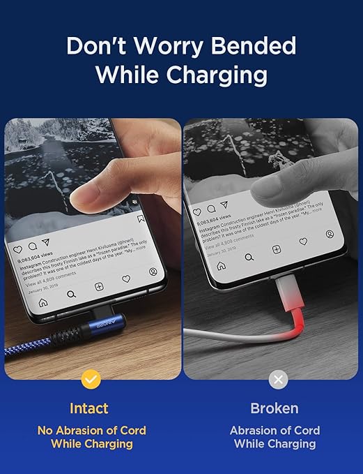 AINOPE Type C Cable [2-Pack, 6.6ft] 3.1A C Charger Cable Fast Charging Right Angle, Durable Nylon Braided USB C Cable Compatible with Galaxy S10 S9 S8 Plus S21, Note 10 9 8, LG (Blue)