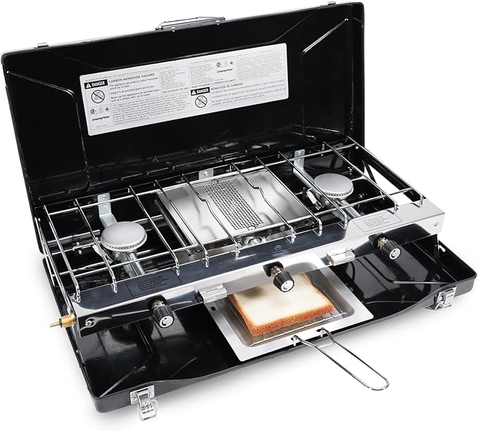 3-Burner Propane Camping Stove - Portable Stove with Adjustable Burners, Wind Guards, Toast Tray, 20,400 BTUs for Camping, Tailgating, BBQ, Picnics