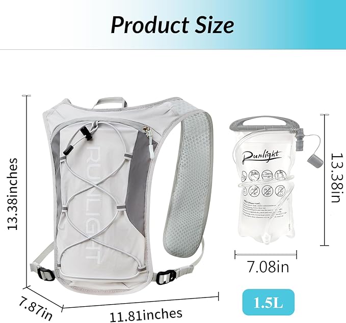 Running Vest for Women Men, Adjustable Hydration Backpack Breathable Reflective with 1.5L Water Bladder for Hiking, Trail, Running, Marathons, Cycling