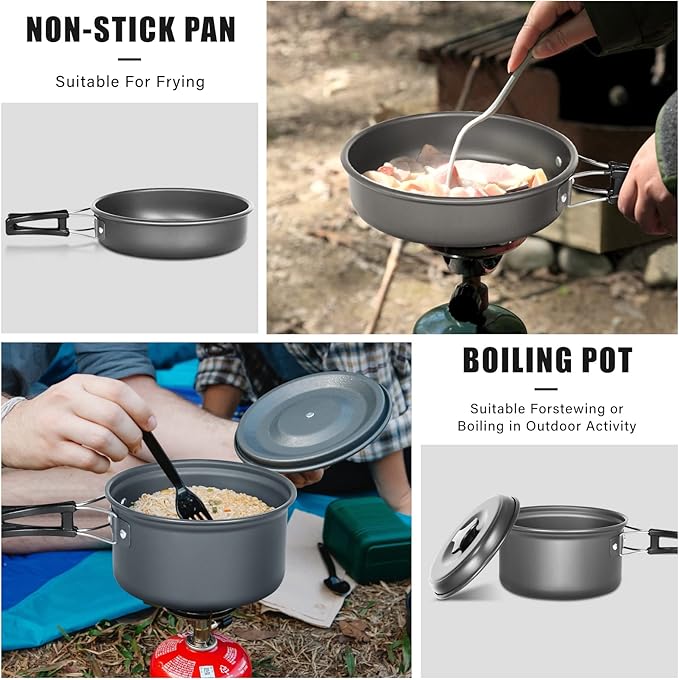 Lixada 10pcs Camping Cookware Mess Kit, Non-Stick Lightweight Stackable Pot Pan Bowls Camping Cooking Set with Storage Bag, Portable Outdoor Cookware Accessories for Backpacking Hiking Picnic