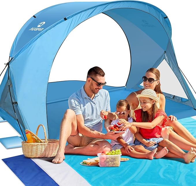 Beach Tent Sun Shelter, Beach Tent with Beach Mat Set, 4 Person Portable Beach Shade Canopy with UPF 50＋ UV Protection, Dual-Door Ventilation Design, Easy Setup Family Beach Umbrella (Blue)
