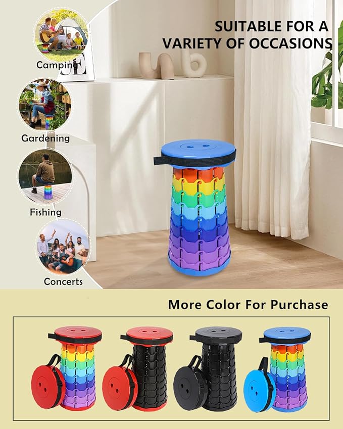 Upgraded Collapsible hickened Portable Camping Stool with Adjustable Height and Retractable for Fishing, Hiking, BBQ, Concert Party, Outdoor (Rainbow Blue)