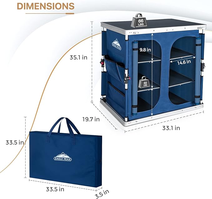 EAGLE PEAK Double Outdoor Folding Camping Table with Large 3-Tier Storage Organizer and Side Pockets, Easy Set Up Portable Aluminum Camping Kitchen, Blue