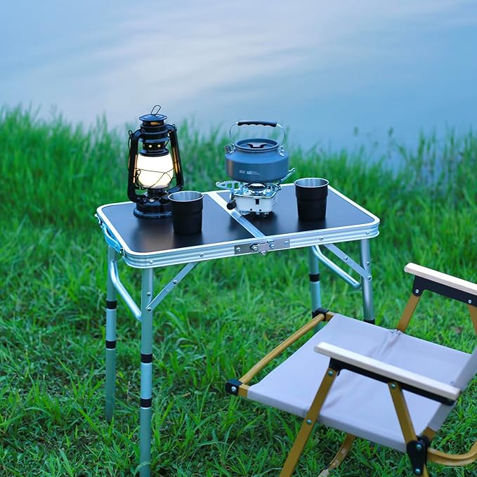 Small Folding Table 2 Foot, Portable Camping Table with Mesh Holders,Lightweight Aluminum Adjustable Height, with Carry Handle for Camping Picnic Indoor Outdoor, White 24 x 16 inch (Black