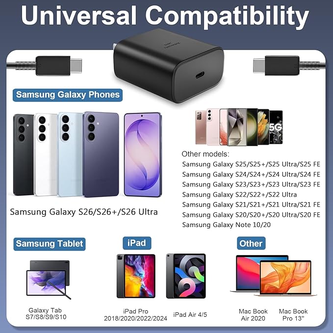 45W Super Fast Charger USB C Android Phone Type C Charger Fast Charging Block with 10FT Cord for Samsung Galaxy S26/S26 Ultra/S26+/S25 Ultra/S25/S24 Ultra/S24/S23 Ultra/S22/S21/S20/Note 10, Black