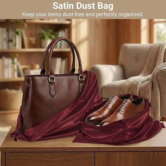Q&J Fabric Co. 6 Pack Satin Dust Bags for Purses and Handbags - Purse Storage Organizer with Drawstring, Dustproof Travel Storage Pouches for Handbags, Shoes, Boots & Clothes (15.7"x19.7", Burgundy)
