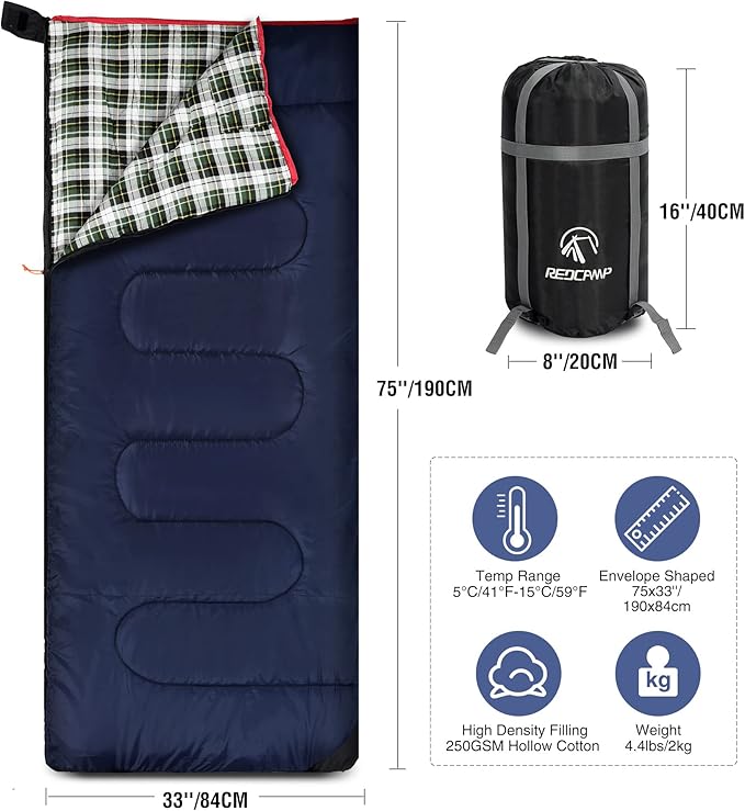 REDCAMP Cotton Flannel Sleeping Bag for Camping Backpacking, Adults Cold Weather Envelope Sleeping Bags with 2/3/4/6lbs Filling