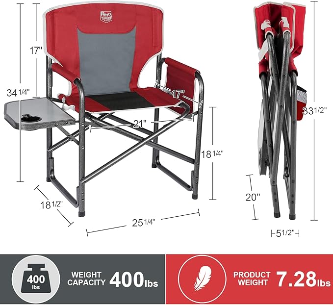 TIMBER RIDGE Aluminum Oversized Camping Chair, Lightweight Portable Directors Chair with Side Table Detachable Side Pocket for Outdoor Camping, Lawn, Picnic, Support 400lbs Red
