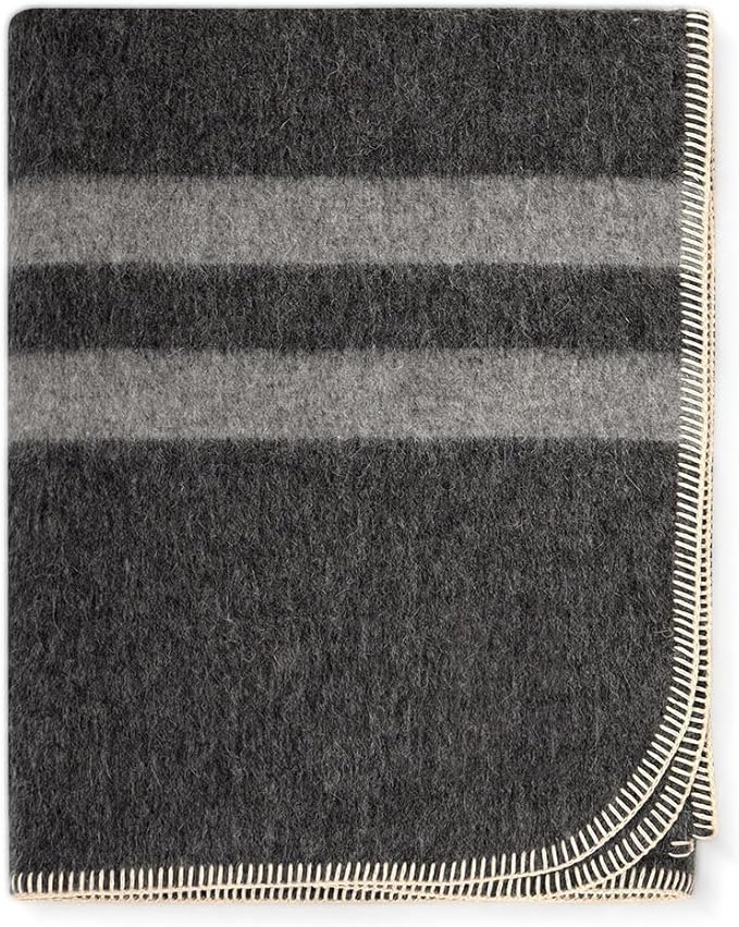Thick Alpaca Wool Blanket Heavyweight for Camping or Indoors | Soft Peruvian Alpaca Wool Blankets (Dark Gray - Soft Gray Stripes, Travel Size)