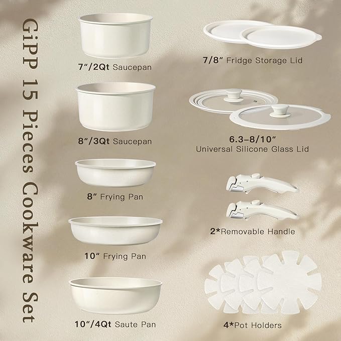 GiPP Ceramic Pots and Pans Set Non Stick, Nonstick Detachable Handle Cookware Sets, Healthy Non Toxic PFAS PFOA & PTFE Free, Dishwasher ＆Oven Safe, Induction Kitchen Pot and Pan, 15 Piece Cream