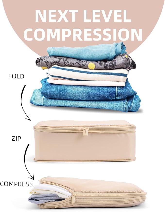 6 Set Compression Packing Cubes for Travel, Large Medium Small Luggage Organizers (Mist Khaki)