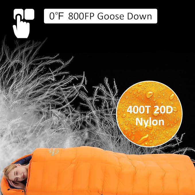-10°F 0°F 10°F 15°F Down Sleeping Bag for Adults,800/650 Fill Power,Ultralight Wearable 4 Season Cold Weather Rectangle Sleeping Bag for Camping Hiking,Can be Used as a Down Blanket or Cloak
