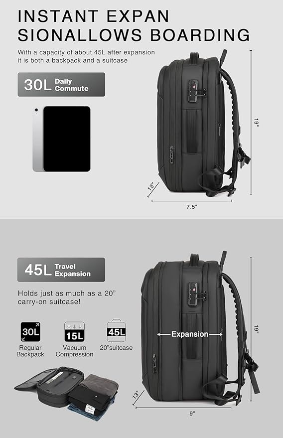 Vacuum Seal Travel Backpack 45L with Pump - Expandable Air Compression System, Water-Resistant Business TSA Lock, Laptop Backpack, Carry-On Suitcase Luggage, Gifts for Men