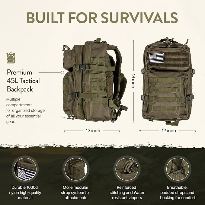 72-Hour Survival Kit | Emergency Bug Out Bag with First Aid, Water Filter, Food, Tools | 45L Tactical Backpack for Camping, Hiking, Outdoor Emergency Preparedness
