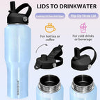 SENDESTAR 40oz Stainless Steel Water Bottle(Cold for 48 Hrs, Hot for 24 Hrs),Double Wall Vacuum Insulated Bottle with Straw Lid, Spout Lid and Flex Cap, Fit in Any Car Cup Holder TXIN-40-Laser Blue