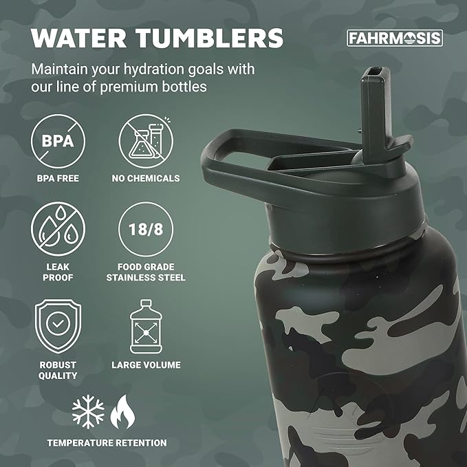 40 Oz Water Bottle with Strap Stainless Steel Sports Water Bottle with 3 Lids (Straw, Chug and Flip Lid) Insulated Leak Proof Metal Jug for Men & Women - Camo