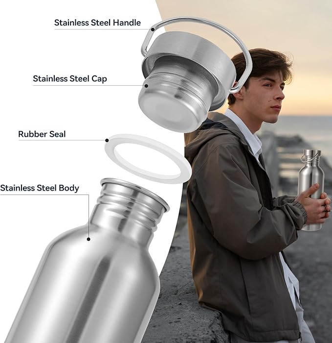 Volhoply 32oz Stainless Steel Water Bottle with Handle 4 Pack,Non Insulated Single Wall, Dishwasher Safe No Plastic 18/8 304 Metal Water Bottles with Wide Mouth for Camping, Hikers, Cyclists