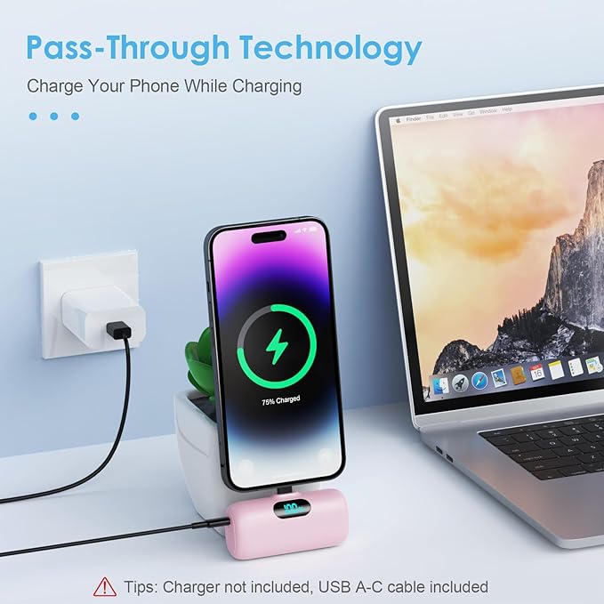 Mini Portable Charger USB C Power Bank,Upgraded 5000mAh PD Fast Charging Battery Pack Built-in USB-C Connector,LCD Display,Compatible with iPhone16,16 Plus,16Pro/Max/15,iPad Pro/Air,Android Phone etc