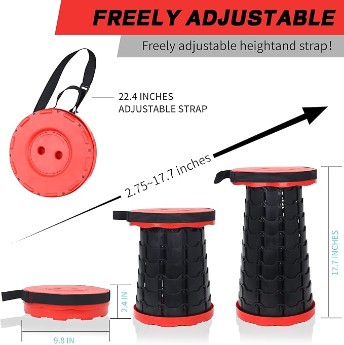 Upgraded Camping Folding Stool with Carrying Straps Lightweight Yet More Sturdy with Load Capacity 450lbs Portable Collapsible Retractable for Camping Fishing Hiking BBQ（Red-Black）