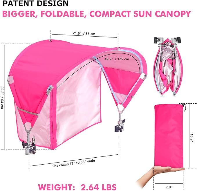 Universal Chair Umbrella Canopy, UPF 50+ Sun Shade with Adjustable Clamp, Fits Most Brands’ Beach, Camping, Lawn, Tanning, Zero Gravity, Lounge & Fishing Chairs, Patent Design