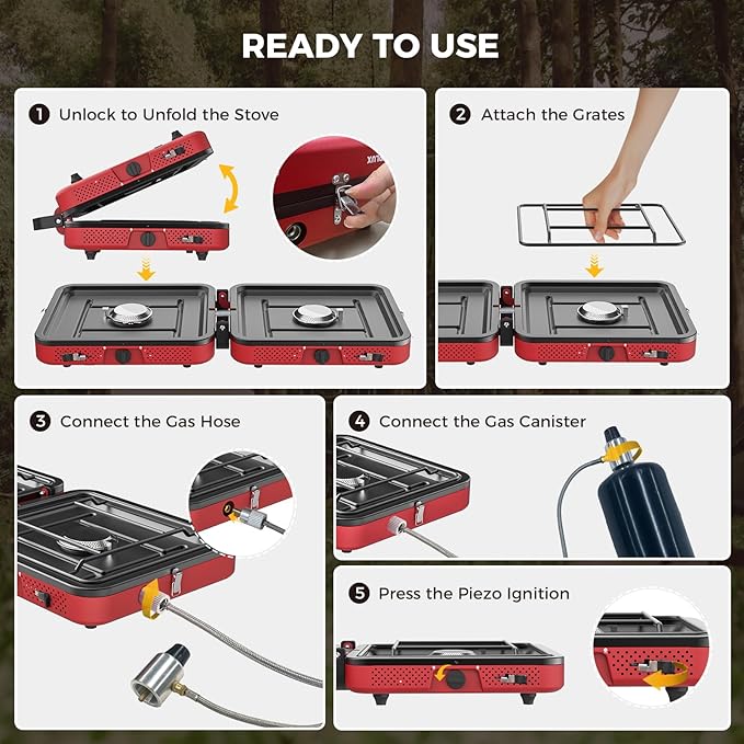 CAMPLUX FoldGo 2 Burner Portable Camping Stove 17,200 BTU, Foldable Propane Stove for Outdoor Cooking with Carry Bag, Portable Gas Stove with 2 Adjustable Burners, Red