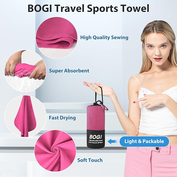 BOGI Microfiber Travel Sports Towel-Quick Dry Towel, Soft Lightweight Microfiber Camping Towel Absorbent Compact Travel Towel for Camping Gym Yoga Swimming Backpacking (XL:72''x32''+16''x16''-Hpink)