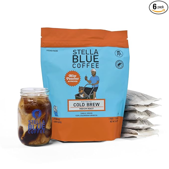 Stella Blue Cold Brew Coffee Packets, Miss Peaches Blend, Medium Roast Ground Coffee, Citrus, Carmel with Sweet Fruity Notes, 100% Arabica, 6 Brew Packets, Makes 24 Bold Cups