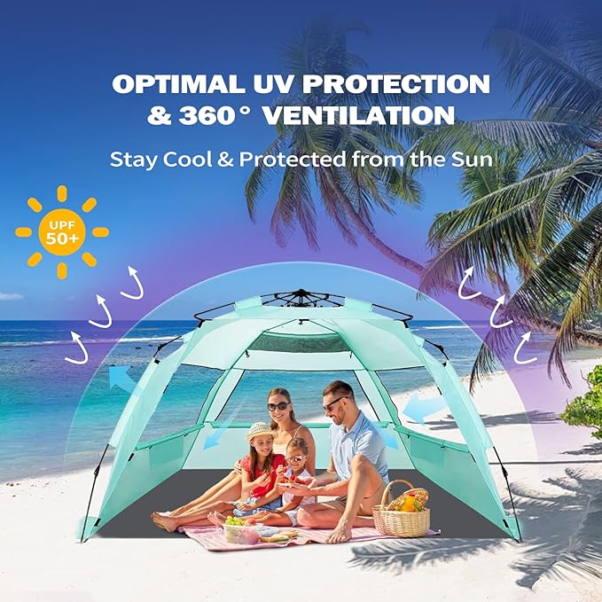 Beach Tent for 3-4 People, Pop-Up Beach Tent Automatic Setup, UV Protection, Extendable Floor, Ventilating Windows, Portable Outdoor Sun Shelter, Green