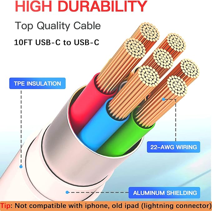 iPad Chrager Fast Charging, USB-C Chrager for New iPad 10th 11th A16/i.Pad Pro/Air/Mini 6th/A17 Pro, 20W Chrager Block & 10ft USB C to C Cable for iPhone 17 16 15 Series, 1Pack White