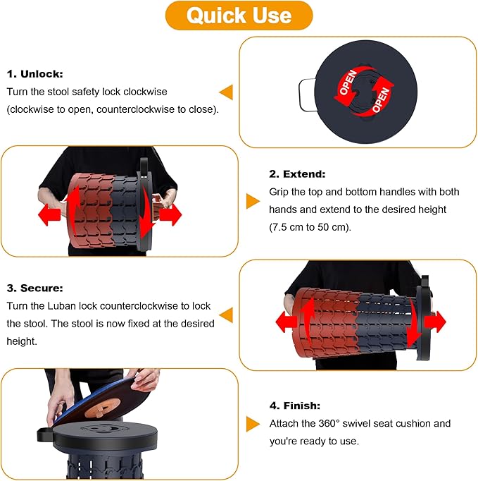 ALEVMOOM Upgraded XXL 19.7" Collapsible Stool, Heavy Duty Portable Folding Stool Max Load 1000 lbs, Retractable Telescoping Foldable Seat for Camping Fishing Hiking Travel BBQ