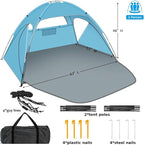 Beach Tent Sun Shelter, Beach Shade Tent with UPF 50+ UV Protection for 2-3 Person, Portable & Easy Setup Cabana, 3 Roll Up Doors & 8mm Fiberglass Rods, Carry Bag Included